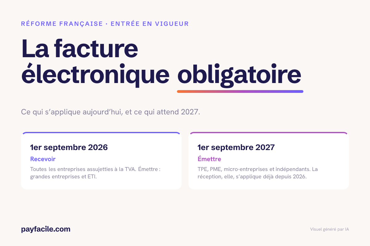 Repères de la réforme : réception obligatoire pour toutes les entreprises au 1er septembre 2026, émission pour les TPE et PME au 1er septembre 2027