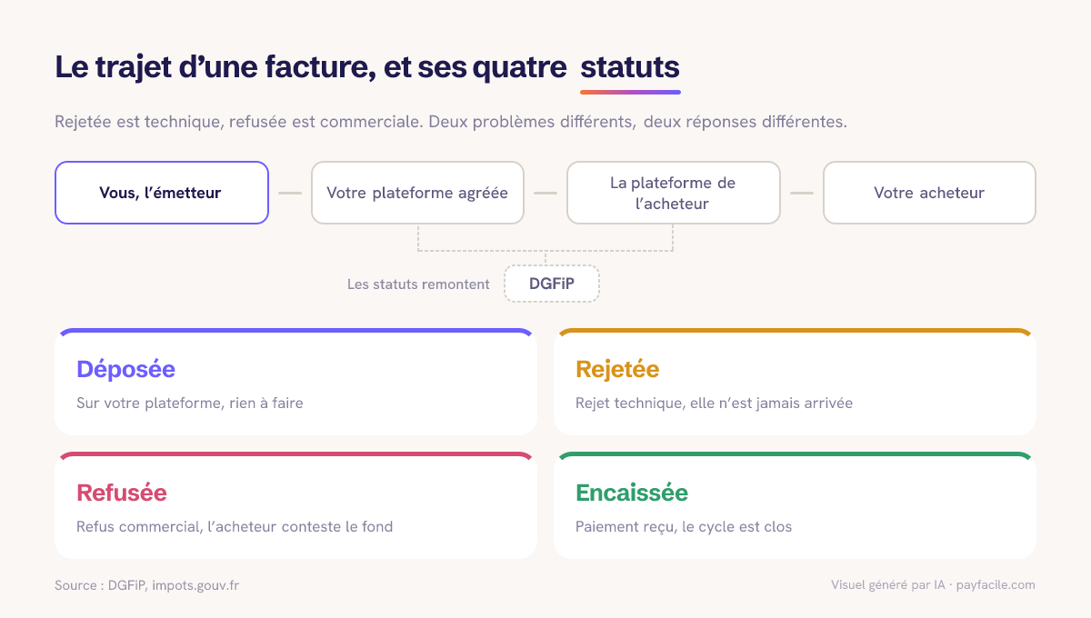 Le trajet d’une facture électronique, de votre plateforme agréée à celle de l’acheteur, et les quatre statuts obligatoires remontés à la DGFiP : déposée, rejetée, refusée, encaissée