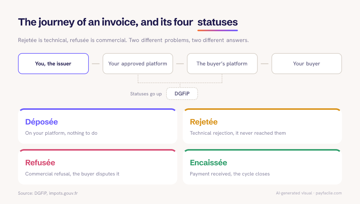 The route of an electronic invoice, from your approved platform to the buyer’s, and the four mandatory statuses reported to the DGFiP: déposée, rejetée, refusée, encaissée